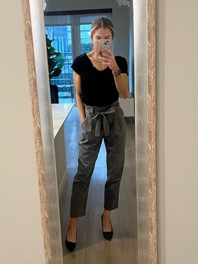 Gray Plaid Ankle Pants Women Size M High Waisted Tie Waist Work Office Trousers